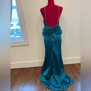 Teal Satin Gown with Feather Detail